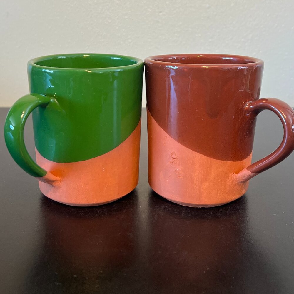 Set of 2 Handcrafted Terra Cotta Pottery Coffee Mugs Asymmetrical Dipped Glaze - Picture 6 of 13